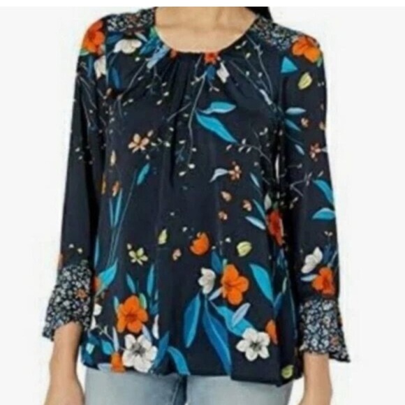 Nanette Lepore Navy Floral Blouse Mixed Print Bell Sleeves Boho Womens Sz S - Picture 1 of 8